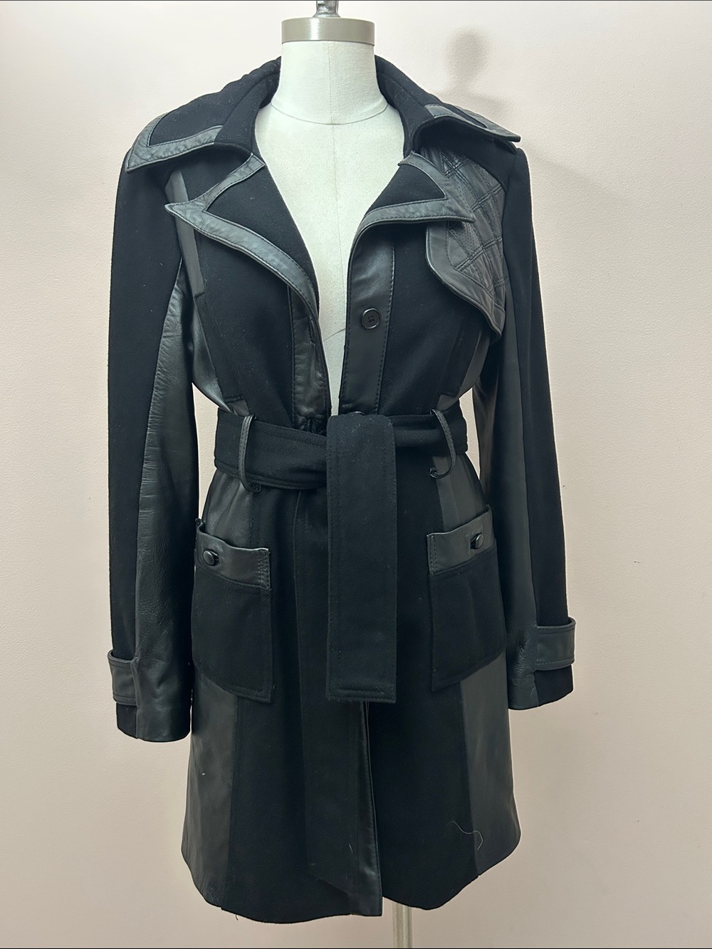 bebe Black wool faux leather fitted Trench Coat with Belt M Y2K